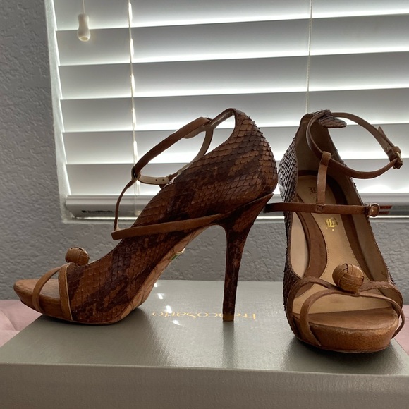 L.A.M.B -Felix, Multi Brown Snakeskin Leather Peep Toe Stiletto Sandal size 9.5M - Picture 6 of 12